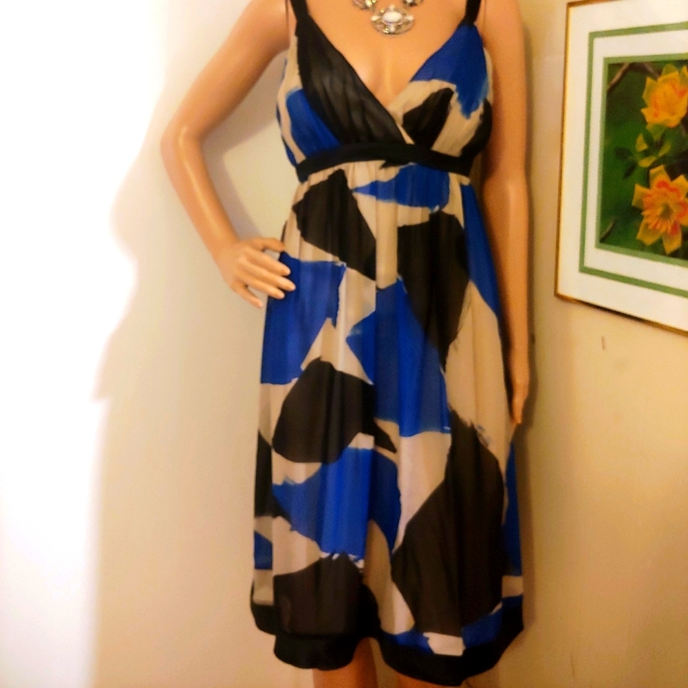 NEW SUE WONG 10 SILK CHIFFON BLUE BLACK WHITE V LOW CUT DRESS - Picture 9 of 9